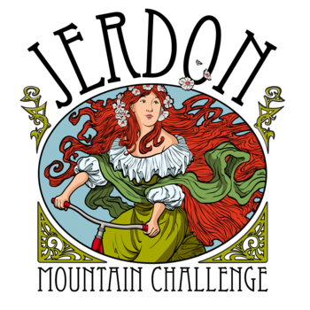 Illustration for the Jerdon Mountain Challenge featuring a woman with long, flowing red hair, adorned with flowers, wearing a white blouse and green skirt. She is holding a pole and is surrounded by decorative elements. The name "Jerdon" is prominently displayed at the top, with "Mountain Challenge" at the bottom in a decorative font.