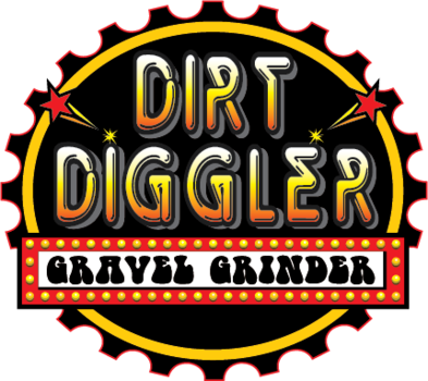 Colorful logo for "Dirt Digger" featuring bold, stylized text with a vintage aesthetic. The words "Dirt Digger" are prominently displayed at the top, with "Gravel Grinder" in a smaller font below. The design includes decorative elements such as stars and a gear-like border, set against a black background.