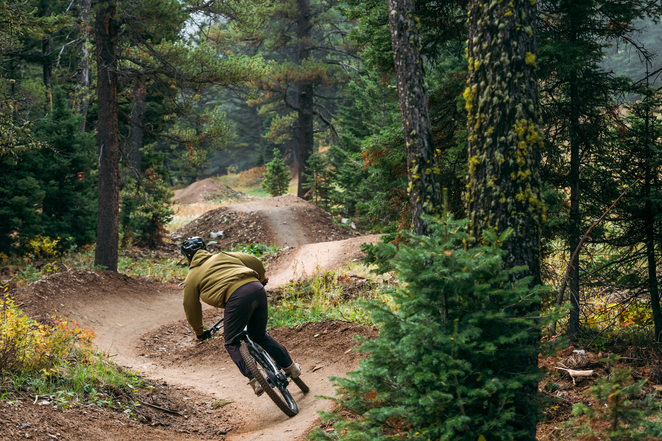 A mountain biker wearing a helmet and a brown jacket navigates a winding dirt trail in a wooded area, surrounded by tall trees and autumn foliage. The trail features small jumps and turns, showcasing the adventurous spirit of mountain biking. Gnomadic mountain bike trail.