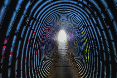 A dark, circular tunnel made of metal pipes, with colorful graffiti lining the walls. At the far end, bright light shines through the opening, illuminating the path along the center, which is lined with debris and leaves. Rotary Memorial Trail mountain bike trail.