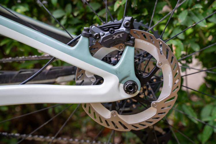 Close-up of a bicycle's rear brake system, showcasing the disc brake rotor, caliper, and part of the frame, set against a blurred green background.