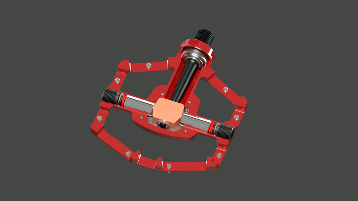 3D rendering of a red bicycle pedal featuring a central spindle and textured surface for grip. The pedal is designed with a hexagonal shape and is shown against a dark grey background.