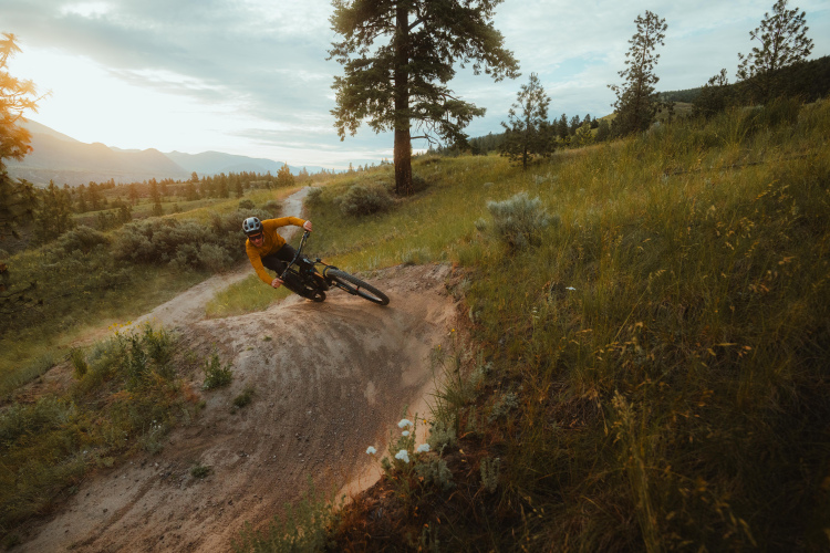 A mountain biker navigates a winding dirt trail in a lush, green landscape, with mountains and a cloudy sky in the background. The biker leans into a turn, showcasing dynamic movement and excitement in the great outdoors. Wildflowers and shrubs line the path, emphasizing the natural beauty of the setting during sunset.