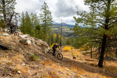 Two mountain bikers navigating a rocky trail in a forested area. The background features tall pine trees and autumn foliage, with misty mountains in the distance under a cloudy sky. The terrain is rugged, with scattered rocks and dry grasses. Loup Loup Ski Bowl mountain bike trail.