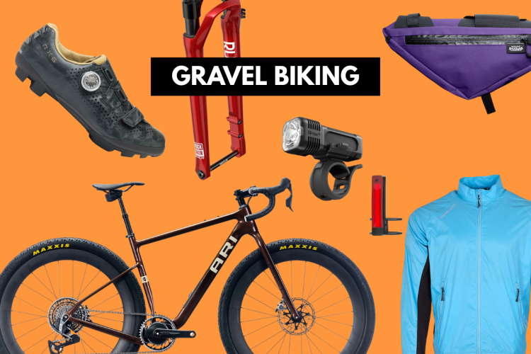 A collection of gravel biking gear displayed on an orange background, featuring cycling shoes, a bike fork, a bicycle, a bike light, a frame bag, a rear light, and a lightweight cycling jacket, with the text "GRAVEL BIKING" prominently featured in the center.