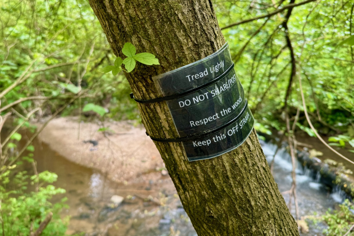 A tree in a lush, green forest contains a sign attached to its trunk. The sign features several messages, including "Tread Lightly," "DO NOT SHARE/POST," "Respect the woods," and "Keep this OFF STRAVA." In the background, a small creek can be seen with smooth stones and sandy areas along its banks.