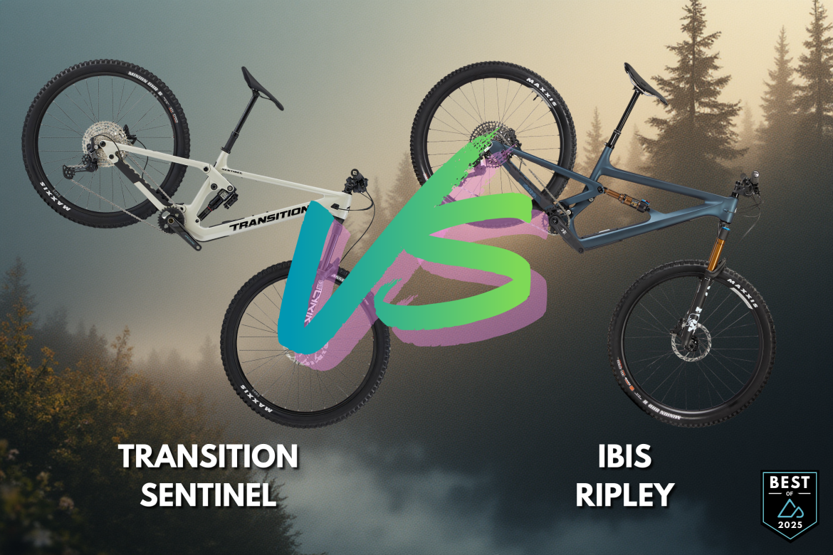 A split image displaying two mountain bikes: the Transition Sentinel on the left, featuring a light-colored frame, and the Ibis Ripley on the right, with a darker frame. The bikes are depicted at an angle with a blurred forest background, and bold text in the center reads "VS." The bottom section includes the names of the bikes, with "Transition Sentinel" on the left and "Ibis Ripley" on the right, along with a badge that says "Best of 2025."