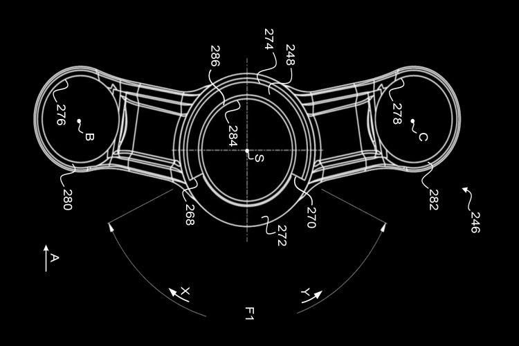 Technical drawing of a mechanical component, featuring a central circular section with two outward extensions, labeled with various measurements and designations, on a black background. The illustration includes numbered annotations and directional arrows indicating movement.