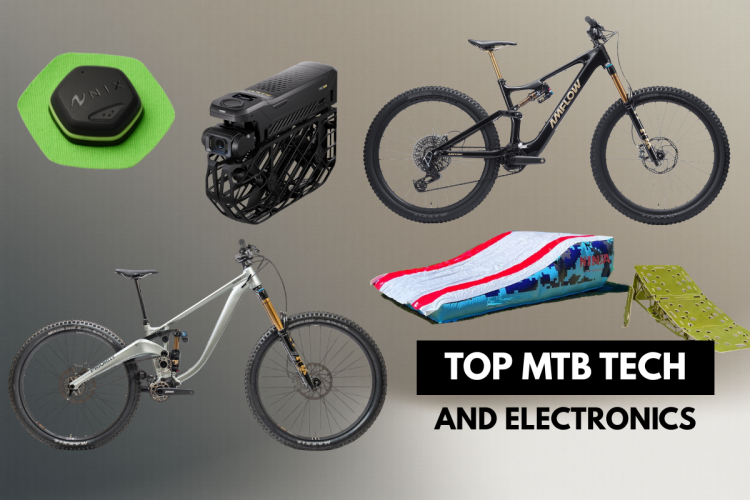 Alt tag: "A collage showcasing top mountain biking technology and electronics, featuring a black and gold mountain bike, a light-colored mountain bike, a camera, a green device, a colorful inflatable airbag, and a foldable ramp, with the text 'Top MTB Tech and Electronics' prominently displayed."