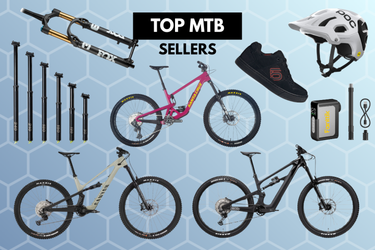 A collage featuring various mountain biking products, including two prominent mountain bikes in pink and black, a gray bike, a set of bike forks, multiple dropper posts, a cycling helmet, a pair of sneakers, and a bike accessory. The background is a light blue with a hexagonal pattern, and the text "TOP MTB SELLERS" appears prominently.