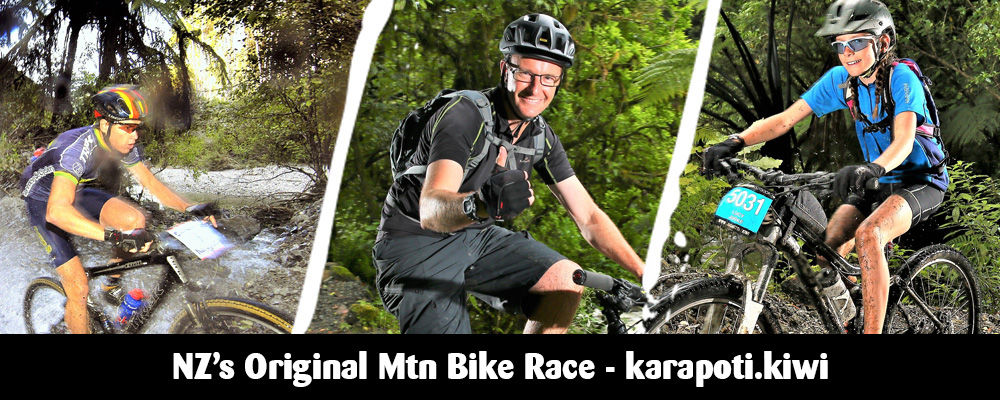 Three mountain bikers are shown navigating through varied terrain in a forested environment. The first rider is splashing through water on a bike, wearing a helmet and cycling gear. The second rider is smiling and giving a thumbs-up while pedaling, also dressed in cycling attire. The third rider, wearing a blue shirt, is focusing on the trail ahead. The image promotes the Karapoti Mountain Bike Race in New Zealand.