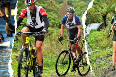 A dynamic collage showcasing outdoor athletic activities: on the left, a group of kayakers paddles through water; in the center, a cyclist navigates a rugged terrain; on the right, a runner jogs along a dirt path amidst lush greenery.