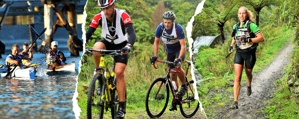 A dynamic collage showcasing outdoor athletic activities: on the left, a group of kayakers paddles through water; in the center, a cyclist navigates a rugged terrain; on the right, a runner jogs along a dirt path amidst lush greenery.