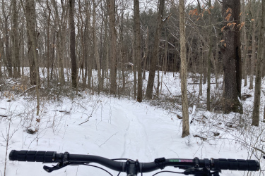 A view from the handlebars of a mountain bike on a snowy trail winding through a winter forest, with bare trees and patches of snow covering the ground. Beach Ridge Singletrack mountain bike trail.