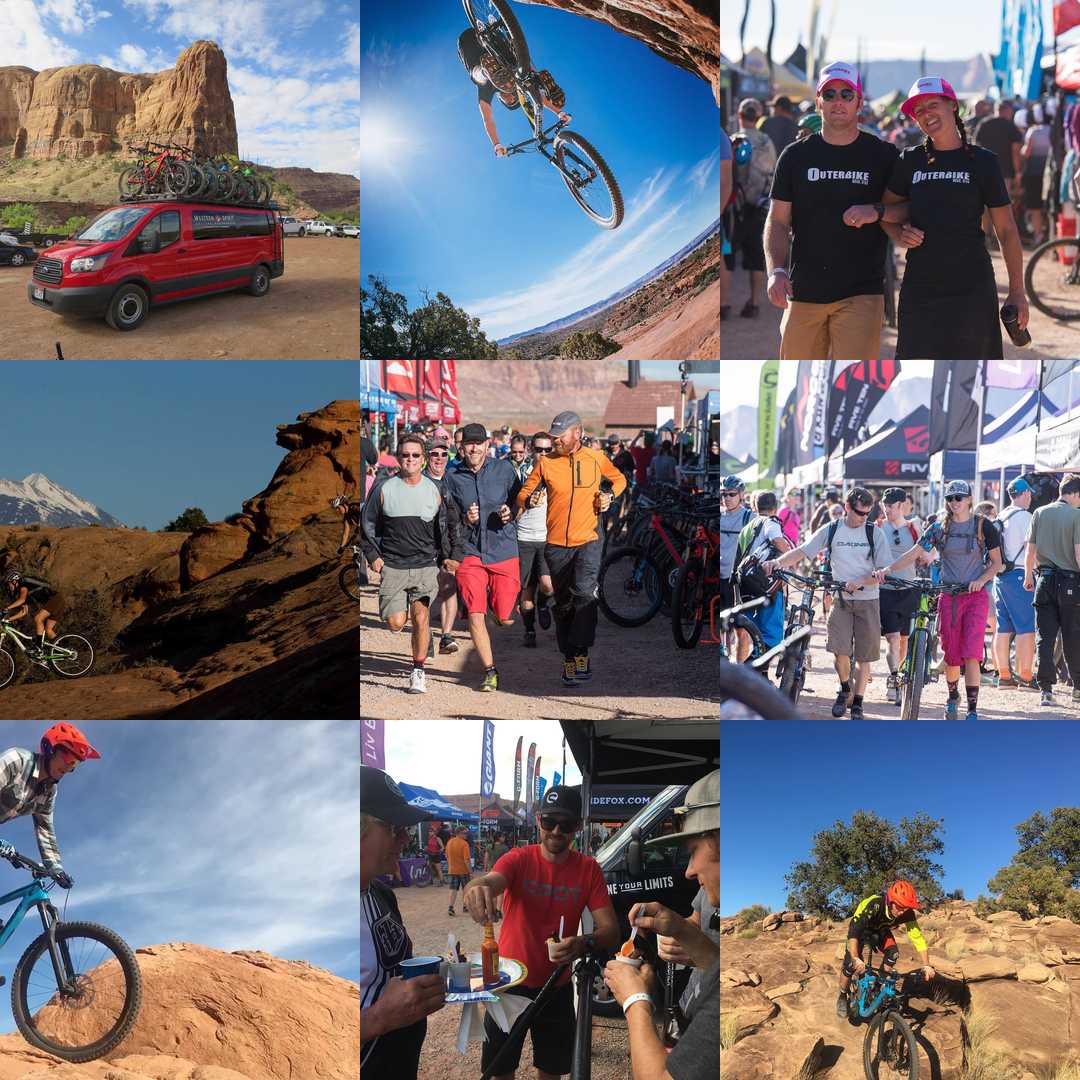 A collage of images showcasing a mountain biking event. The top left features a red van with bicycles on top against a scenic backdrop. The top right displays a mountain biker performing a jump in mid-air. The bottom left shows a group of cyclists maneuvering through rocky terrain. The bottom center captures people interacting at an outdoor exhibition with various tents and banners. The bottom right depicts another mountain biker navigating a rocky path, emphasizing the adventure and community of the event.