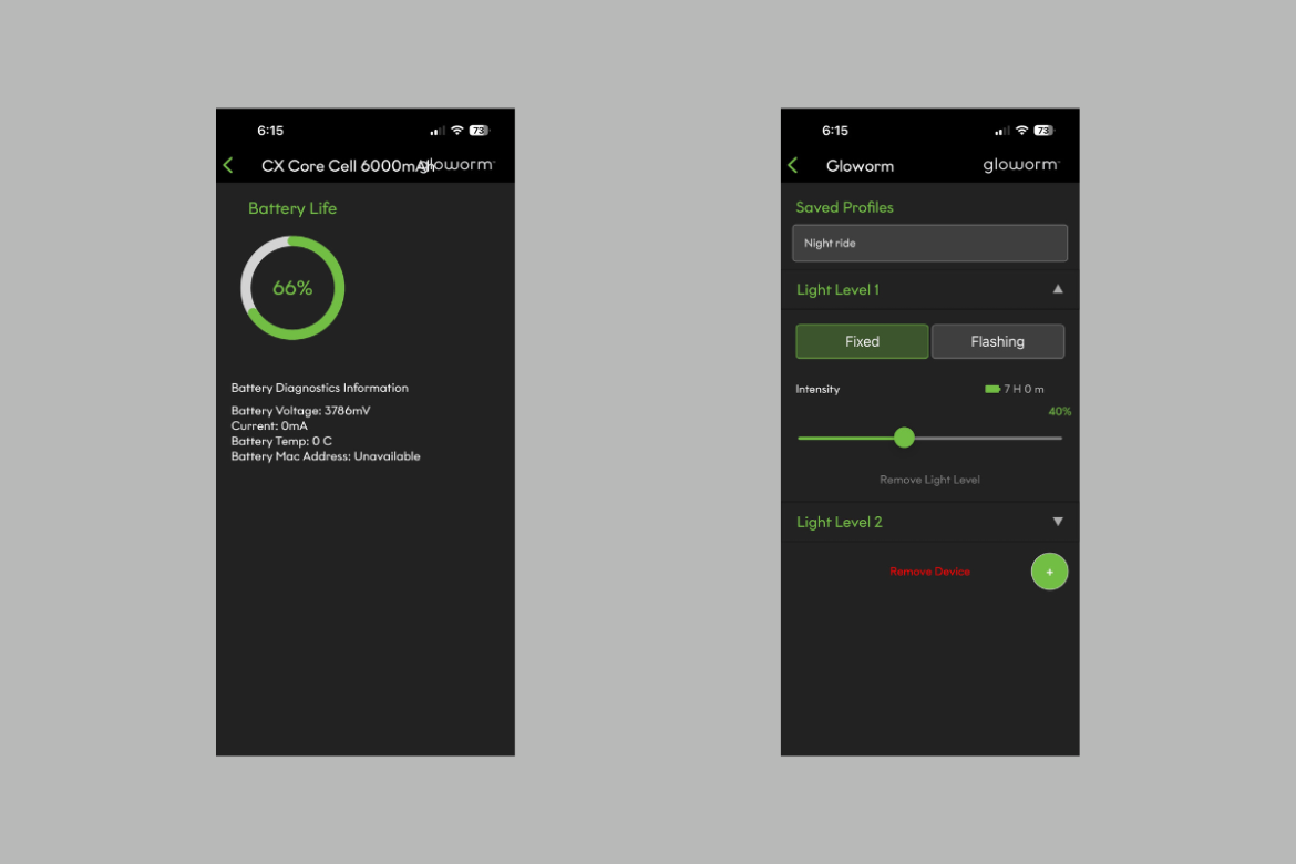 Two smartphone app screens. The left screen displays battery diagnostics for a "CX Core Cell 6000mAh," showing a battery life percentage of 66% and various technical details. The right screen shows settings for a "Glowworm" light, including saved profiles, light levels with options for intensity settings, and the ability to remove light levels. Both screens feature a dark background with green accents.