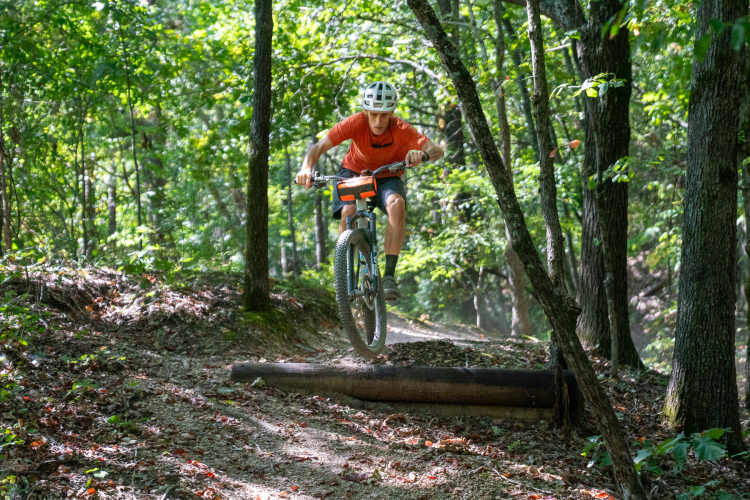 A biker in an orange shirt and helmet jumps over a wooden log on a trail through a dense forest, with greenery surrounding the path.