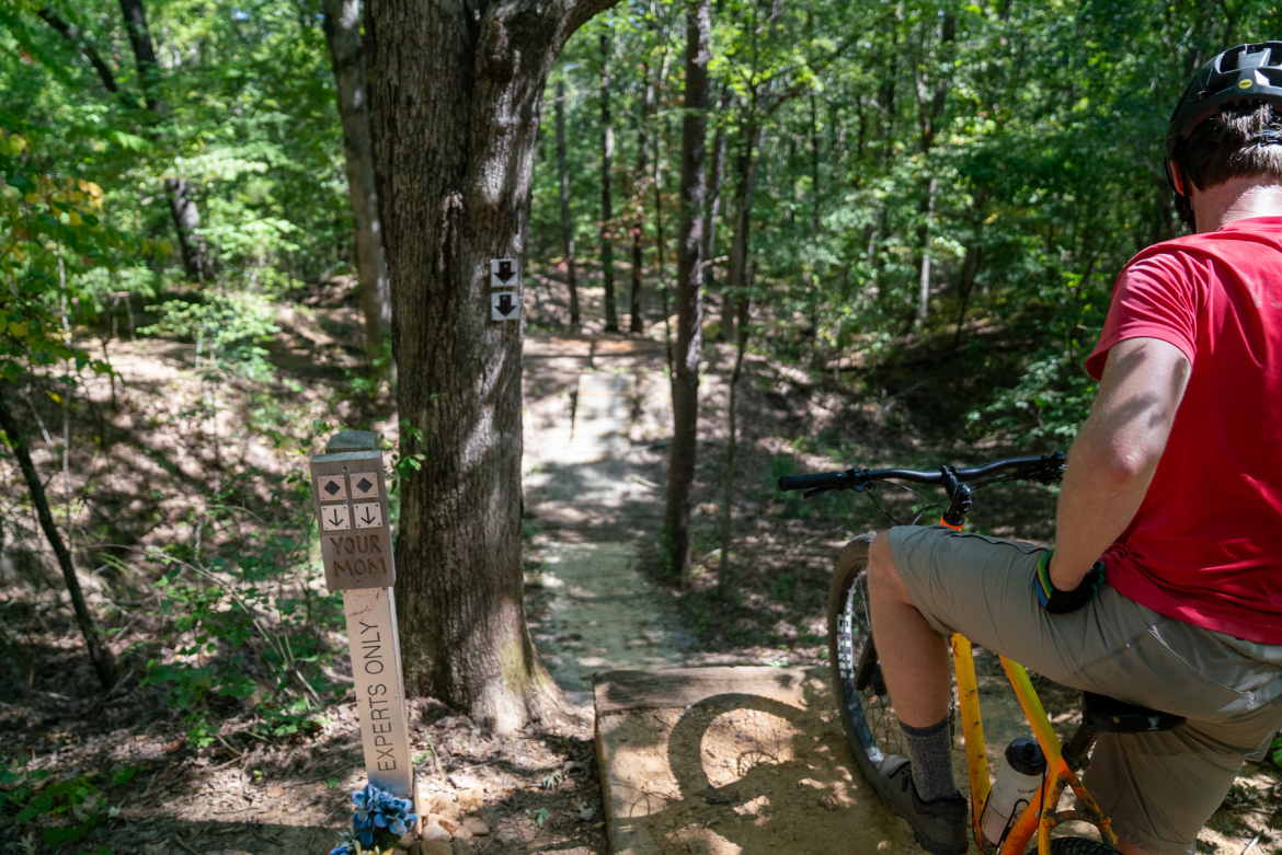 A person in a red shirt and gray shorts sits on a mountain bike at an elevated platform on a wooded trail. In the foreground, a sign labeled "EXPERTS ONLY" stands beside a tree, while another sign with directional arrows is visible on the tree trunk. The trail descends into a forested area with sunlight filtering through the trees. Craighead Forest Park mountain bike trail.