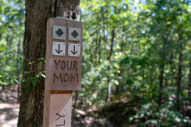 A wooden trail sign in a forest, featuring directional arrows and the phrase "YOUR MOM" carved into the wood. The background is filled with lush green trees, creating a serene natural setting. Craighead Forest Park mountain bike trail.