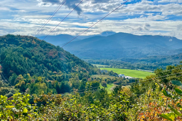 A scenic view of rolling hills and valleys under a partly cloudy sky. The foreground features lush greenery and colorful autumn foliage, while the background showcases distant mountains. Power lines stretch across the landscape, juxtaposing the natural scenery with human infrastructure. Maple Wind Farm mountain bike trail.