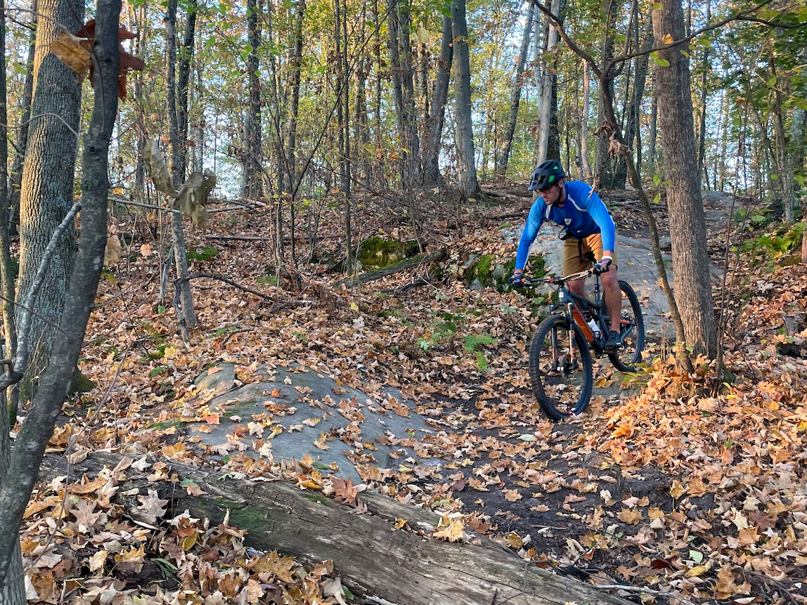 A mountain biker navigates a rocky trail surrounded by trees in autumn, with a carpet of fallen leaves covering the ground. The cyclist is wearing a blue long-sleeve shirt and a helmet, focused on maintaining balance while riding. The warm colors of the foliage in the background highlight the beauty of the season. Maple Wind Farm mountain bike trail.