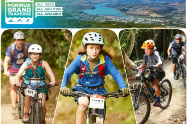 Alt text: A collage promoting the Porirua Grand Traverse event, featuring four young cyclists riding mountain bikes on forest trails. The top section includes the event logo and a scenic view of Porirua. The images showcase participants of various ages actively enjoying the cycling experience.