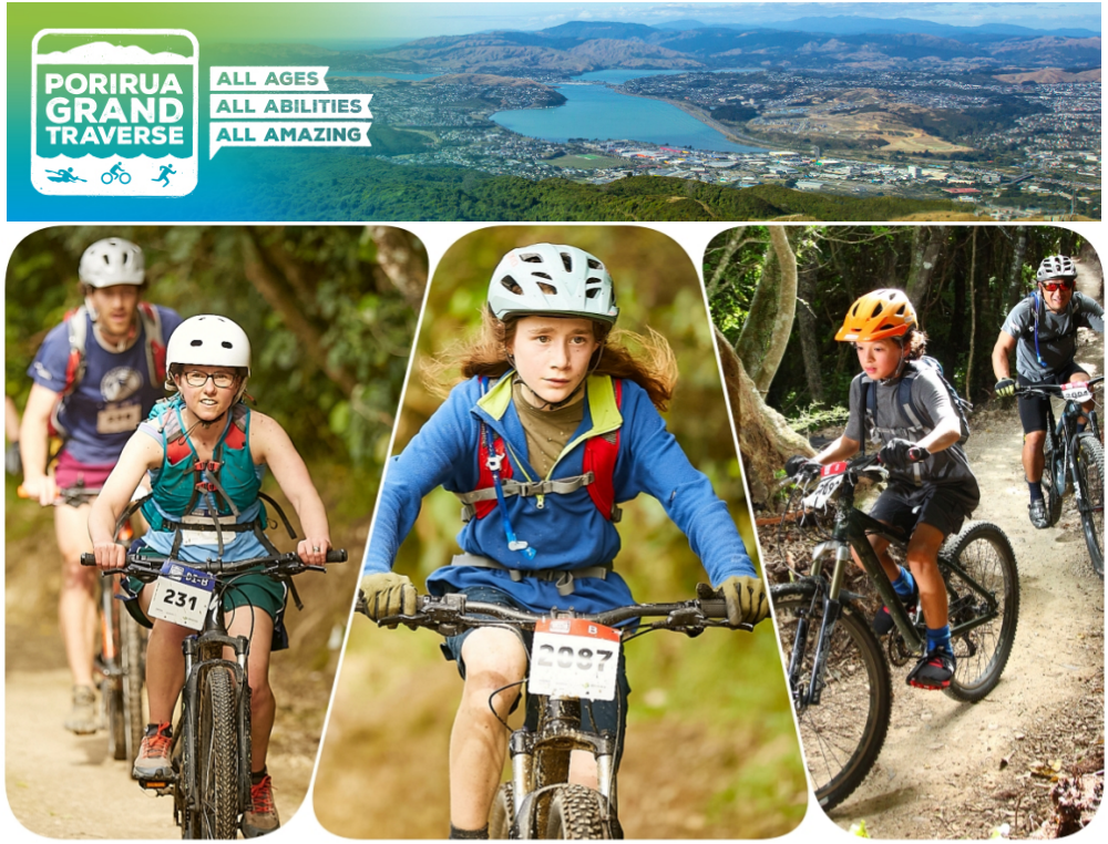 Alt text: A collage promoting the Porirua Grand Traverse event, featuring four young cyclists riding mountain bikes on forest trails. The top section includes the event logo and a scenic view of Porirua. The images showcase participants of various ages actively enjoying the cycling experience.