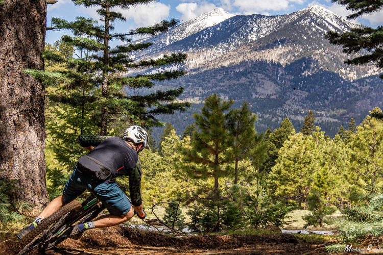 A mountain biker navigating a dirt trail surrounded by lush greenery, with snow-capped mountains in the background under a partly cloudy sky.