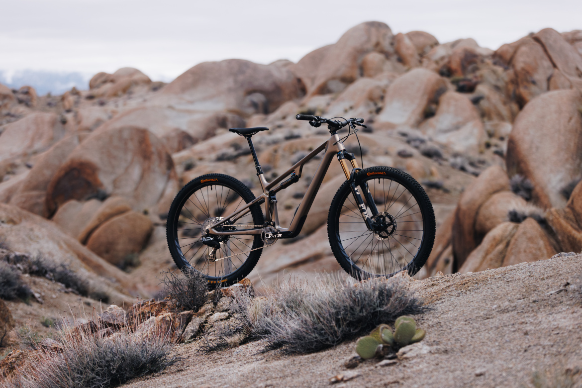 A mountain bike positioned on rocky terrain, surrounded by sparse desert vegetation and large boulders under an overcast sky.