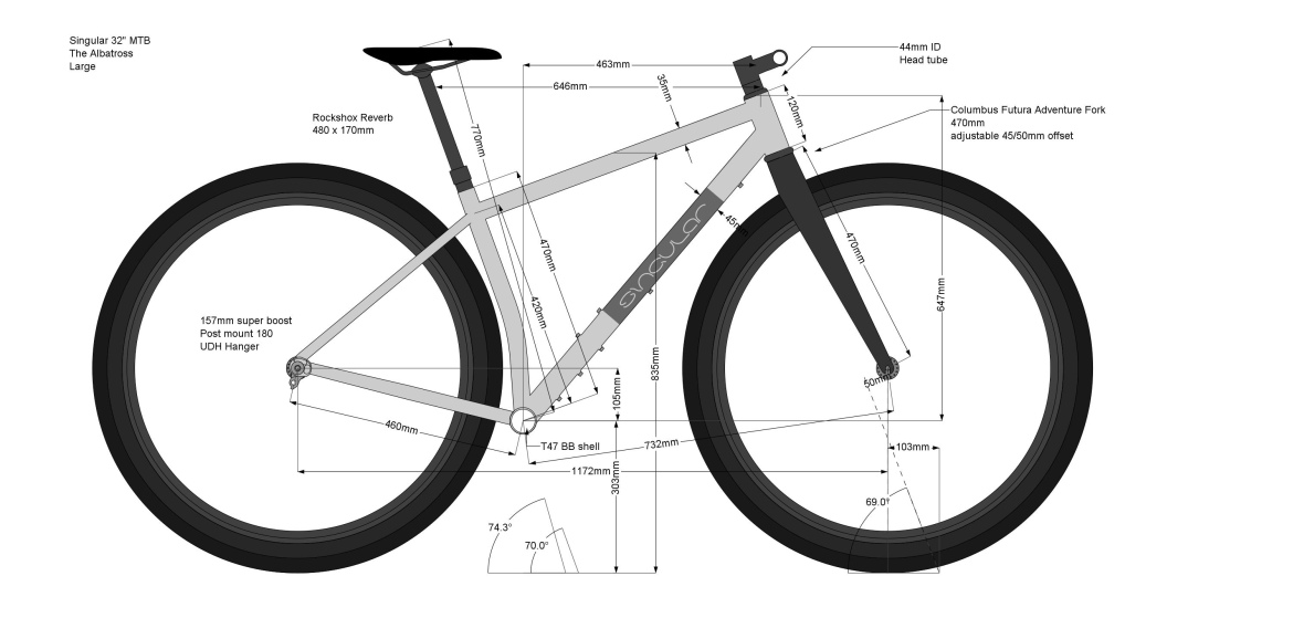 An illustration of a mountain bike labeled "The Albatross," featuring a geometric design with detailed measurements for various components such as the frame, fork, and wheel size. The image includes specifications like seat post height, wheelbase, head tube dimensions, and other technical aspects relevant to bike design. The overall color scheme is primarily gray with black accents.