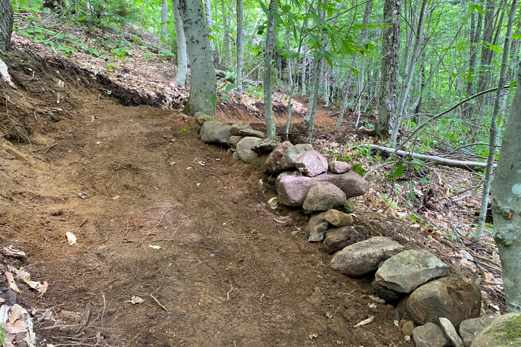 A dirt trail winding through a lush green forest, bordered by a low stone wall made of large rocks. The surrounding trees are dense with leaves, and the ground is covered with a mix of dirt and fallen leaves.