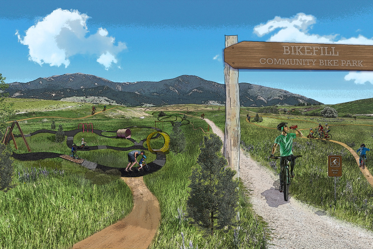 Illustration of the Bikefill Community Bike Park entrance, featuring a wooden sign with "BIKEFILL COMMUNITY BIKE PARK." The park includes biking trails and various play structures in a grassy landscape, surrounded by mountains in the background and under a sunny blue sky. People of different ages are seen biking and playing throughout the park.