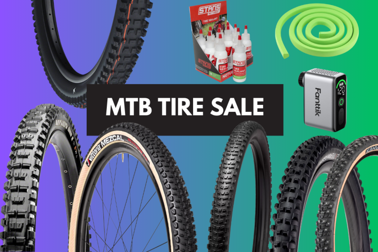 Image featuring various mountain bike (MTB) tires, a tire sealant display from Stans NoTubes, a green tubing, and a Fanttik tire inflator. The text "MTB TIRE SALE" is prominently displayed in the center against a colorful background.