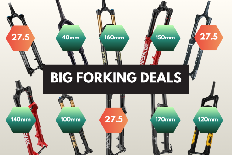 Image featuring several bicycle forks arranged in a grid layout. Each fork is labeled with specifications, including wheel size measurements (27.5") and travel lengths in millimeters (100mm, 120mm, 140mm, 150mm, 160mm, 170mm). The text "BIG FORKING DEALS" is prominently displayed in the center, suggesting promotional offers.