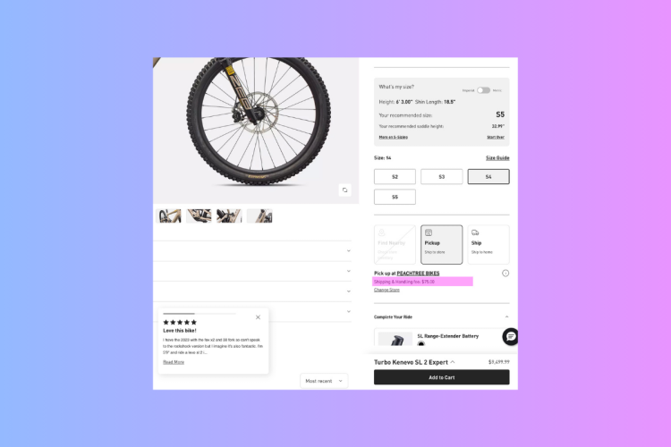 Image showing a product page for a bicycle, featuring a close-up of a bike wheel, size selection options, pricing details, and a customer review with a five-star rating. The interface includes sections for pickup and shipping options, as well as complementary products. The background has a gradient color transition.
