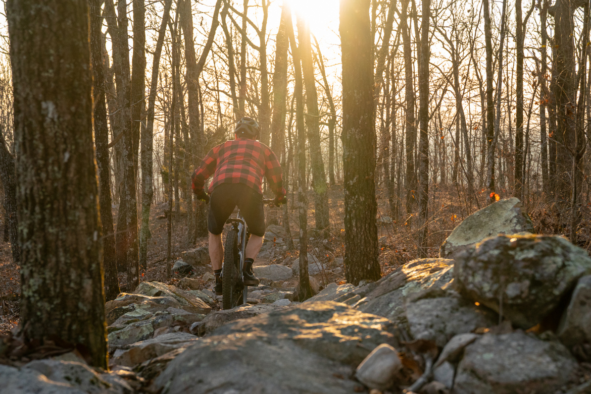 A cyclist wearing a red and black checked shirt rides a mountain bike along a rocky path in a forest during sunset, with golden light filtering through the trees.