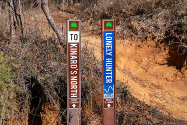 Two trail signs are positioned side by side in a natural setting. The left sign points to "Kinard's North" with a hiking trailhead indicator, while the right sign indicates "Lonely Hunter," marked as a biking trail that is more difficult. The surrounding area features dry grass and an earthy background. Standing Boy Trails mountain bike trail.