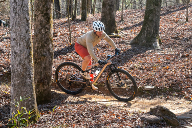 A mountain biker, wearing a helmet and gloves, rides through a forested area covered with fallen leaves, navigating a dirt trail between trees. The cyclist is focused and leaning forward on a modern mountain bike, showcasing a dynamic outdoor activity in nature. Standing Boy Trails mountain bike trail.