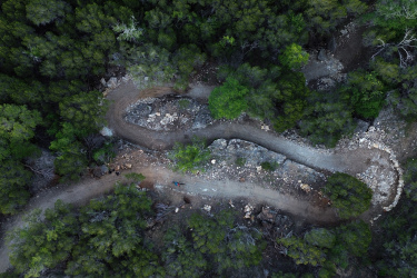 Aerial view of a winding dirt path surrounded by dense green foliage and scattered rocks, illustrating a natural landscape with trees of varying heights and shades of green. Palo Pinto Mountains State Park mountain bike trail.