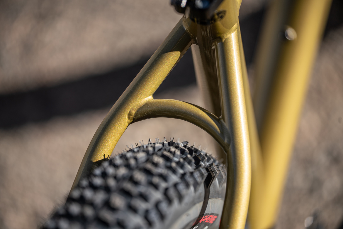 Close-up of a bicycle frame showing a gold metallic finish and a portion of a rugged tire, highlighting the curved section of the bike's structure against a blurred background.