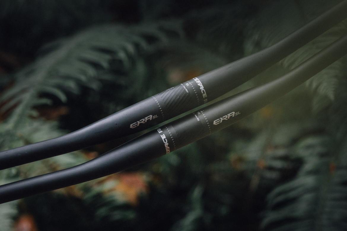 Close-up of two black bicycle handlebars displaying the "ERA SL" branding, set against a blurred background of green ferns and foliage.