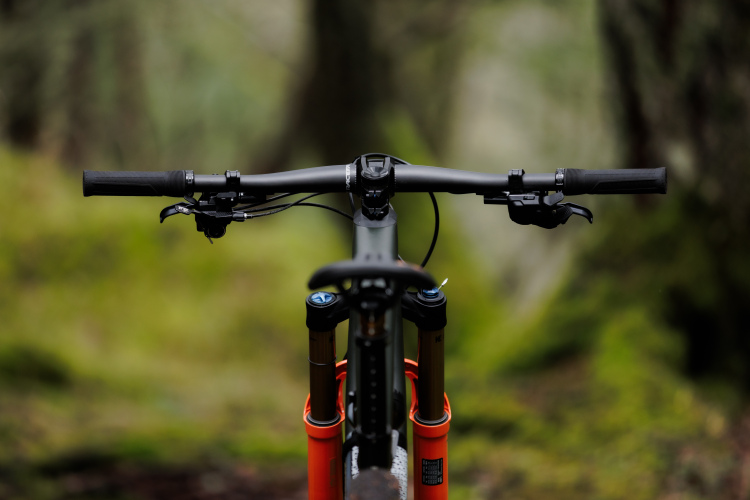 Close-up view of a mountain bike's handlebars, with a focus on the grips and brake levers, set against a blurred natural background of greenery and moss.