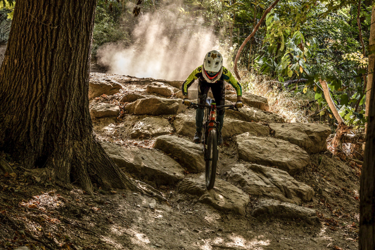 A mountain biker navigates a rocky trail surrounded by trees, with dust kicking up behind them as they ride downhill. The rider is wearing a helmet and protective gear, emphasizing the adventurous nature of the sport. Sunlight filters through the foliage, creating a dynamic and energetic atmosphere.