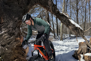 A cyclist riding a fat bike along a snowy trail in a forest, maneuvering around a fallen tree. Bright blue skies and sunlit trees can be seen in the background, highlighting the winter scenery. Maple Wind Farm mountain bike trail.