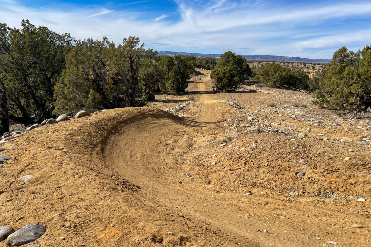 A winding dirt trail surrounded by shrubs and rocky terrain, under a bright blue sky with wispy clouds. The path curves gently, leading into the distance where more greenery can be seen.