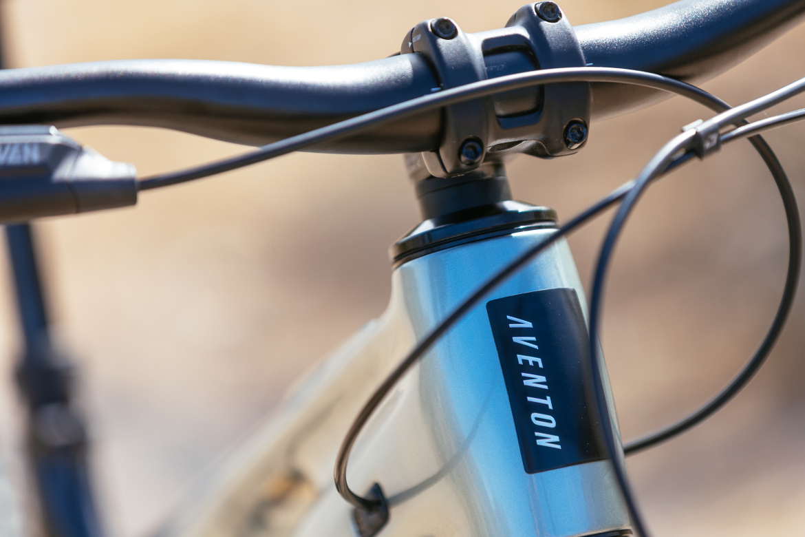 Close-up of a bicycle's handlebars and frame featuring the brand logo "Aventon" on the top tube, with the background showing a blurred, natural outdoor setting.