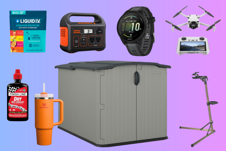 A collection of outdoor and recreational gear, featuring a gray storage shed, a portable power station, a fitness watch, a drone, a game controller, an orange travel mug, a bottle of bike lubricant, and a hydration drink mix packet, all set against a gradient purple background.