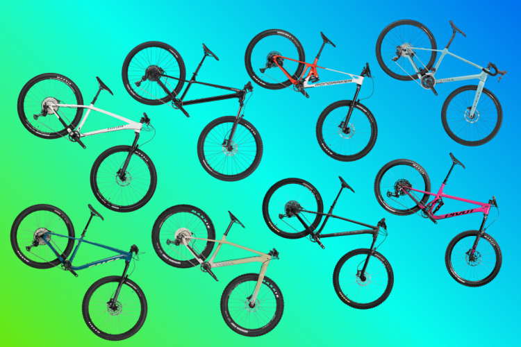 A collage of various mountain bikes displayed against a vibrant gradient background, showcasing different styles and colors, including black, white, red, blue, and pink frames. Each bike features distinctive designs and components, highlighting the variety available in mountain biking.