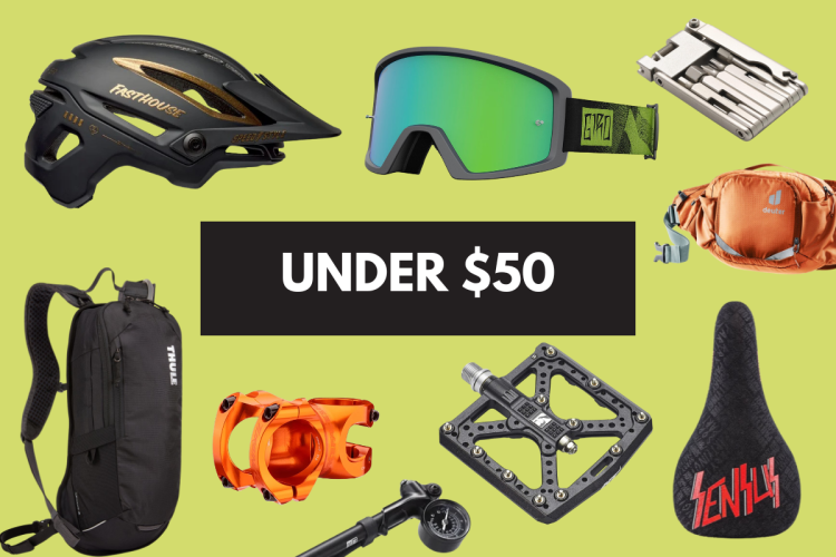 A collection of biking accessories, including a black helmet, green-tinted goggles, multi-tool, hydration pack, orange fanny pack, stem, black pedal, and a bike seat, all displayed on a bright green background with the text "UNDER $50" prominently featured in the center.