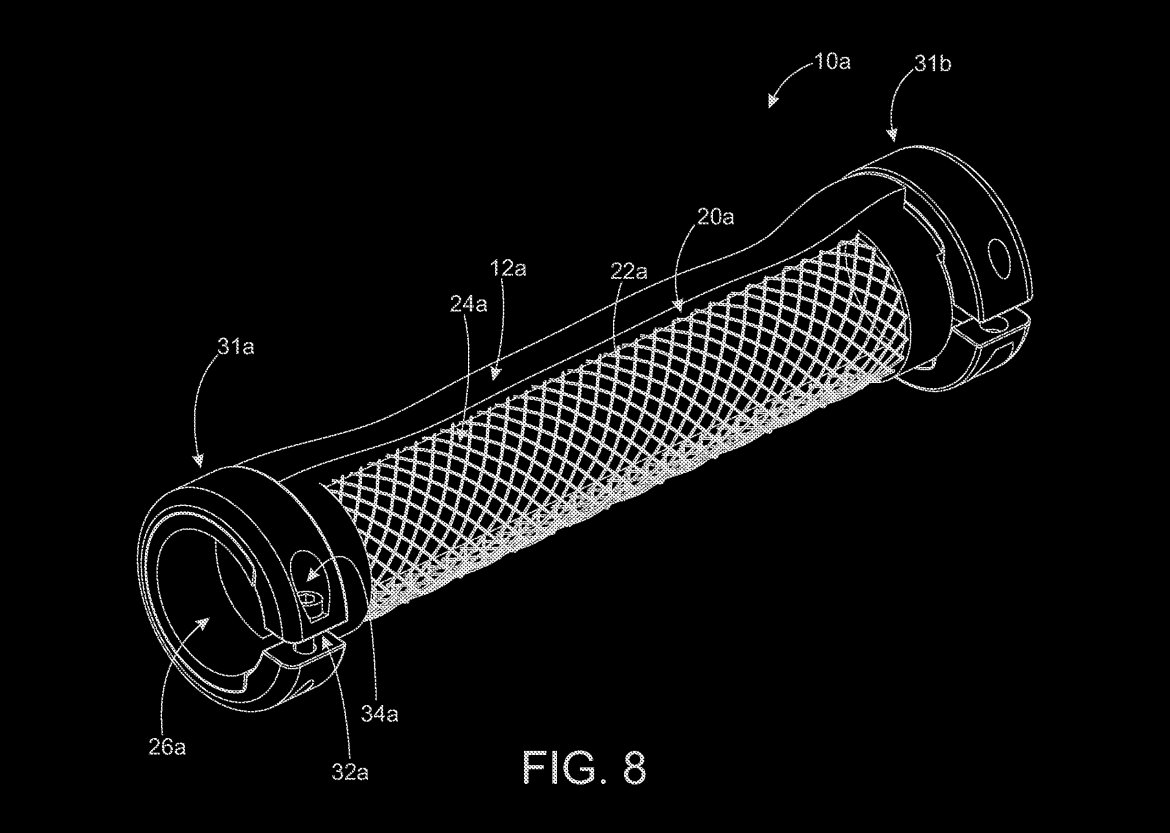 A detailed technical illustration of a tubular object with mesh design, showcasing various labeled components, including ends and connection features, set against a black background.